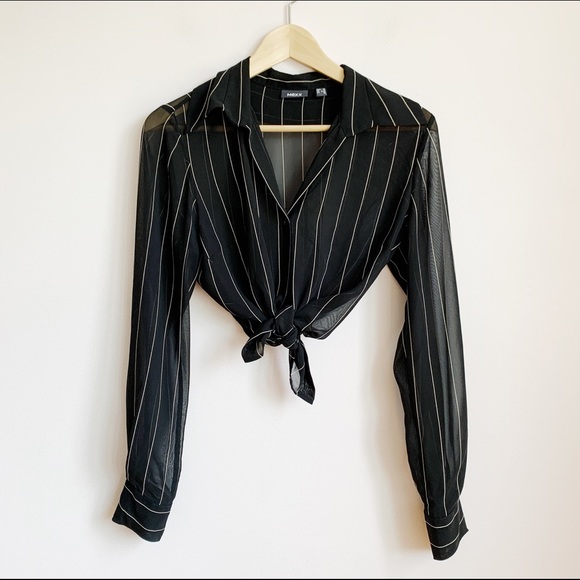 sheer black chiffon pinstripe button-up blouse